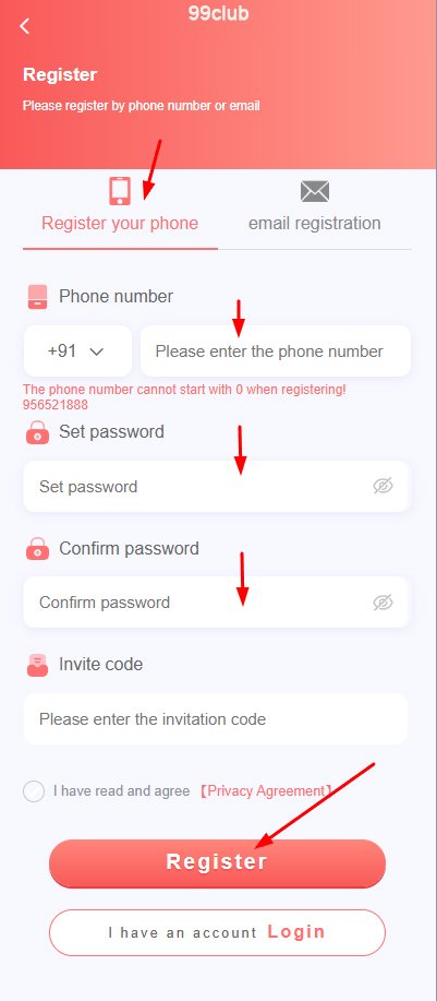 Create a new 99club account registration form on mobile